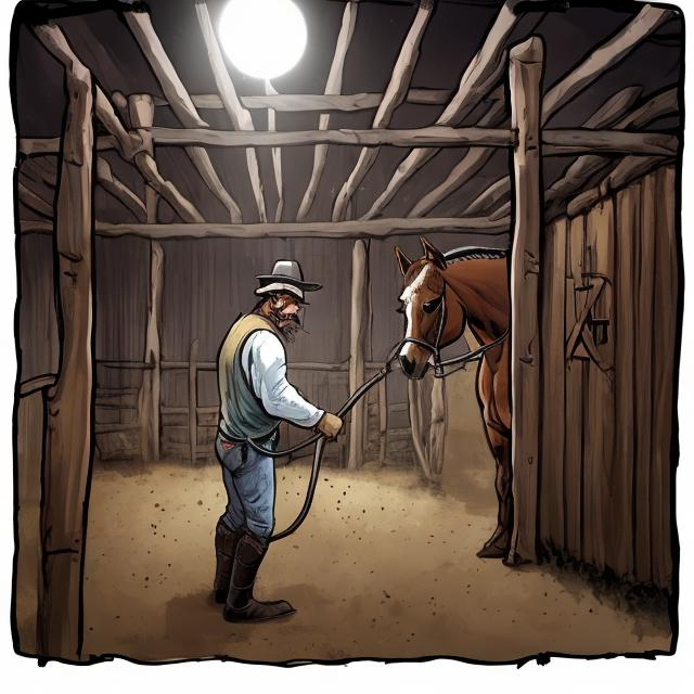 A picture of a man working in a horse stable. In com...