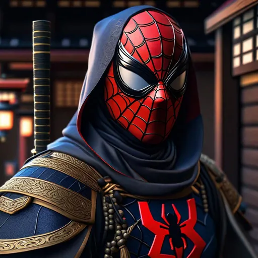 Prompt: Portrait of {Ninja spiderman} in  {edo era Japan}, perfect composition, hyperrealistic, super detailed, 8k, high quality, trending art, trending on artstation, sharp focus, studio photo, intricate details, highly detailed,happy face, by greg rutkowski