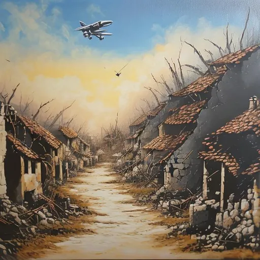 Prompt: Village airstrike in acrylic