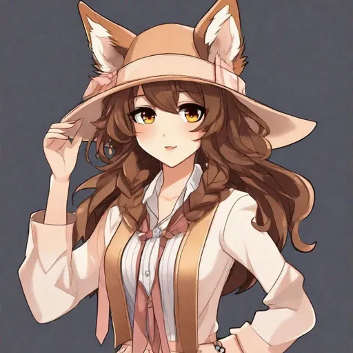 Prompt: Your OC is a small-framed glamrock wolf, with deep-set light brown eyes. They identify as female, and have a monotonous voice. As an accessory, they have a hat, and they can be seen wearing ribbons. Anime style