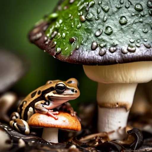 Prompt: a small frog taking refuge under a mushroom in the rain