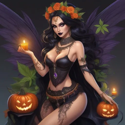 Prompt: ((Epic)). ((Cinematic)). ((Highly detailed)) illustration. Halloween night.  Shes a ((colorful)), goth, belly dancer, witch.  A ((spectacular)), winged, Cannabis fairy. ((An extremely beautiful)), buxom,  shapely woman with, ((Anatomically real hands)), and ((vivid)), ((colorful)), ((extremely, bright eyes)),  wearing a skimpy, ((colorful)), ((gossamer)), ((flowing outfit)). ((Wide angle)). ((Hyper real painting)). Sony a7 IV. Enscape render. Smooth, ((sharp focus)). Concept art. 