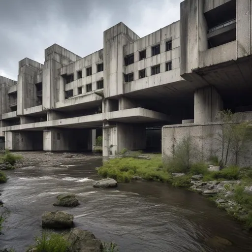 Prompt: a building with a river running through it, brutalist architecture
