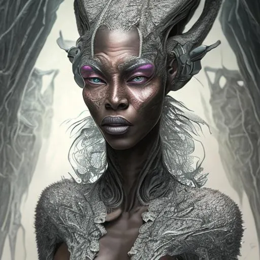 Prompt: portrait painting of a grey female alien that looks like a young Foxy Brown, upper body, ultra realistic, concept art, intricate details, eerie, highly detailed, photorealistic, octane render, 8 k, unreal engine, Derek Gores, Miles Aldridge, Jean Baptiste-Carpeaux,
Anne-Louis Girodet