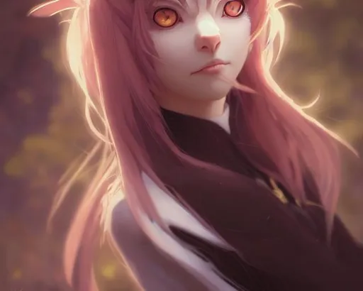 Prompt: portrait of a vampire tabaxi, calico, dreamy eyes, beautiful intricate colored hair, symmetrical, anime wide eyes, soft lighting, detailed face, by makoto shinkai, stanley artgerm lau, wlop, rossdraws, concept art, digital painting, looking into camera