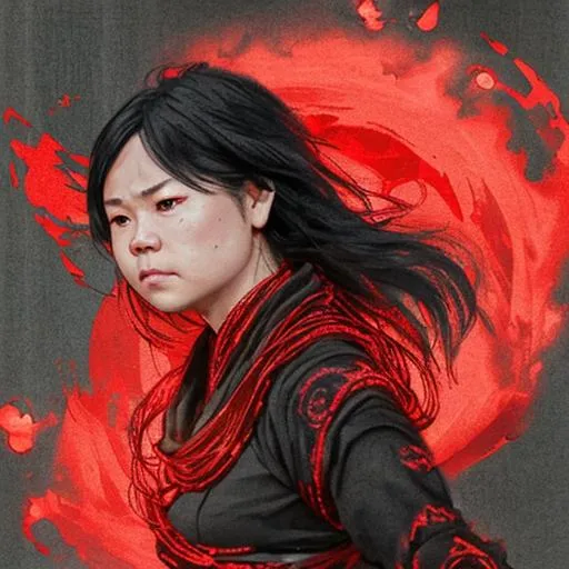 Prompt: kelly marie tran as rose tico {female character}, back to audience, longshot, flowing black robes + intense red glow , {{back to camera}}, hyperrealistic, dark fantasy, soft light, concept art, zoom in, over shoulder, luis royo, masculine, straight hair