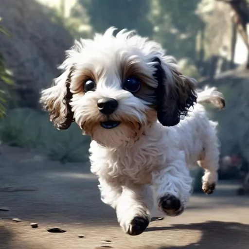 Prompt: a small jackapoo dog that is white with black patches running away from a kidnapper