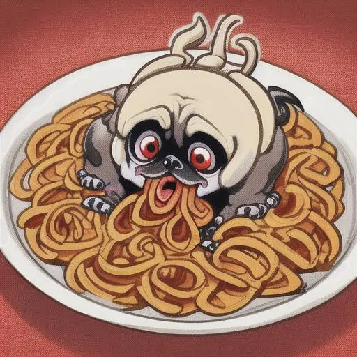 Pug Dog as Demon Skeleton Eating Pasta OpenArt