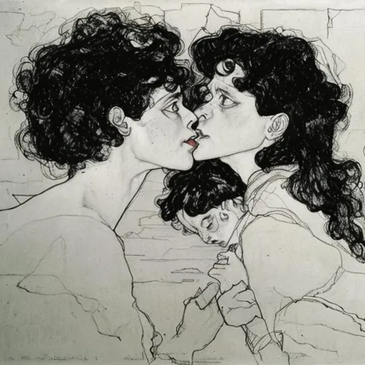 Prompt: Egon Schiele style of drawing, sketch book, sketch, pencil, clear lines, two girls kissing, black and white