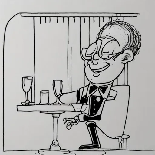 Prompt: A hand drawn picture of a happy small stiff man holding a glass of wine, simple lines