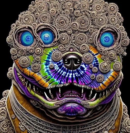 Prompt: hyper detailed picture of a tie-dye color, metal skinned dog with no eyes, 4 heads, creepy looking , intricate details, 8k, volumetric light, proportional, art trending on artstation, diamond focus, studio photo, intricate details, highly detailed, intricate artwork masterpiece, ominous, intricate, epic, trending on artstation, highly detailed, vibrant, production cinematic character render, ultra high quality model