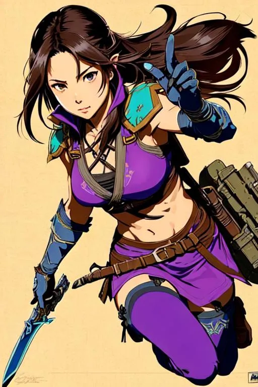 Prompt: Breath of the wild Art (((Yoji Shinkawa))), sticker of ultra detailed portrait of Olivia Munn in detailed purple heavy ninja tactical armor, high quality cell shaded illustration in post apocalyptic style by Yoji Shinkawa, ((full body)), dynamic pose, perfect anatomy, centered, freedom, soul, black long hair,tan skin approach to perfection, cell shading, 4k , cinematic dramatic atmosphere, watercolor painting, global illumination, detailed and intricate environment, artstation, concept art, fluid and sharp focus, volumetric lighting, cinematic lighting, Art by Ilya Kuvshinov
