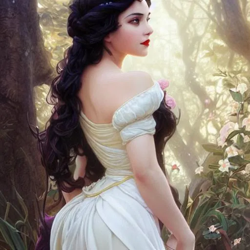 Prompt: Snow White as a vampire queen, long curly hair, intricate, elegant, highly detailed, digital painting, artstation, concept art, smooth, sharp focus, illustration, art by artgerm and greg rutkowski and alphonse mucha and william bouguereau