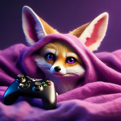 Prompt: cute fennec fox wrapped up warm in purple/pink blanket with XBOX controller in front of her, realistic, hyper-realistic, realism, 32k, photography, hdr, 1080p, cinematic, splash art, concept art, fictional characters, mid shot, intricately detailed, colour depth, dramatic