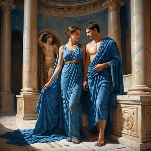 Prompt: (a couple inside an ancient marble amphitheater), vibrant blue sheets draping majestically, intricate historical details, 1st century Roman period, extraordinary (Roman tunics) worn by figures, rich textured brushstrokes, dramatic lighting casting shadows, atmospheric mood evoking nostalgia and grandeur, (masterpiece painting), ultra-detailed and stunning composition, capturing the essence of Roman heritage and elegance.