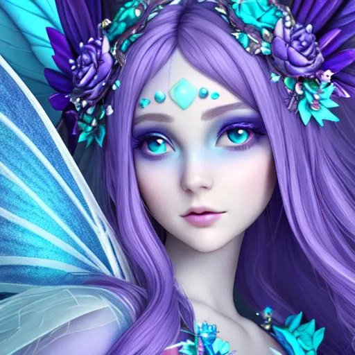 Prompt: fairy goddess wearing a dress with aqua blue and purple colors, closeup