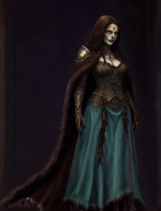 Prompt: oil painting, full body,  thin zombie, female undead lich character wearing wizard robes, has  long brown hair that rests upon her shoulders, blue eyes wears a long skirt made of bear fur, wears gauntlets and armoured boots, 