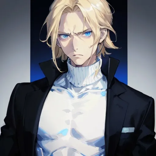 Prompt: Serious man with shoulder length blonde hair and cold blue eyes wearing a white turtleneck sweater underneath a thin black and blue jacket. 