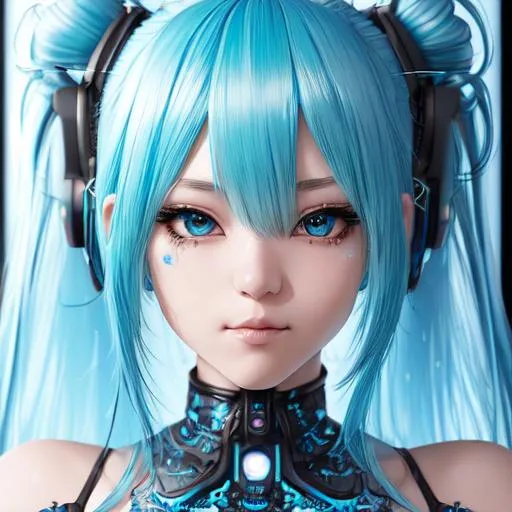 Prompt:  masterpiece hyperdetailed hatsune miku, intricate hyperdetailed blue hair, detailed bangs, gorgeous sparkling blue lashes, beautiful detailed cute face, perfect composition, super detailed, 8k, high quality, trending art, trending on artstation, sharp focus, studio photo, intricate details, highly detailed, by greg rutkowsk, character concept, full body visible, cyberpunk,

sunshine, back light,

cinematic light, studio lighting,

professional award-winning photography, maximalist photo illustration 64k,

impressionist painting,
