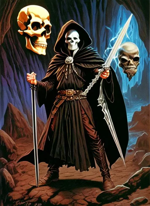 Prompt: wizard with a skull for a head holding a black sword, black feather cloak, character, d&d, cave, 4k, Clyde Caldwell, Jeff Easley