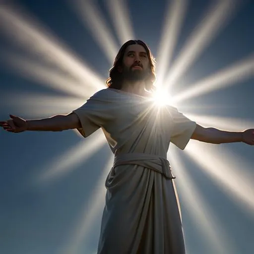 Prompt: Hyper realistic Jesus with glowing halo floating in the sky