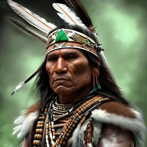 Prompt: Native American, Warrior, Green and White, Realistic, WB 
