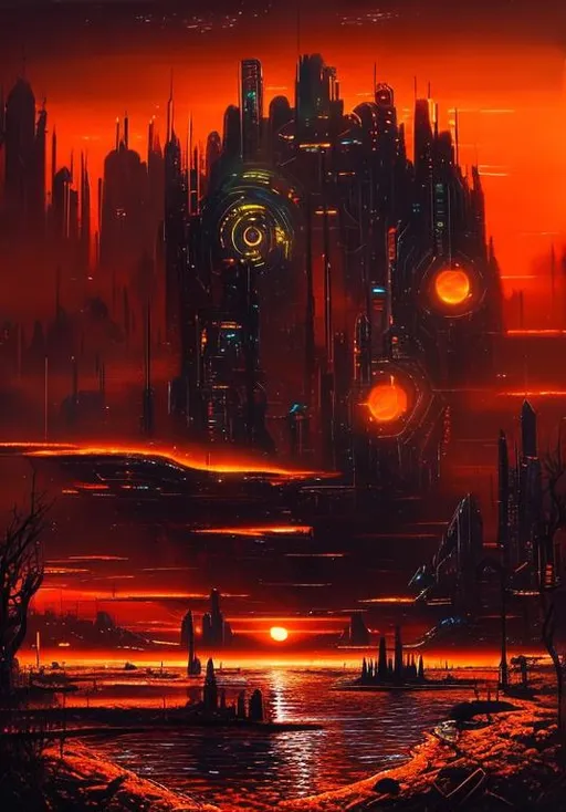 Prompt: a small futuristic city with a lake and orange sky, a dark atmosphere, surrealistic paint 