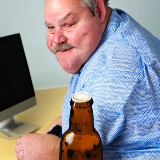 Prompt: old fat computer technician with a beer bottle