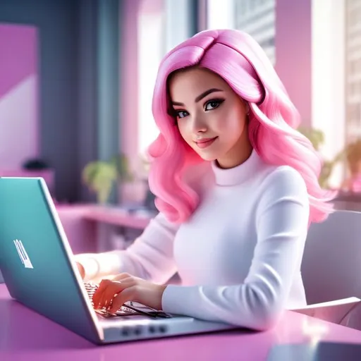 Prompt: Full body Portrait of {Girl typing on laptop in office hd} with {pink} hair and with cute face, {In the home office hd}, full body, perfect composition, hyperrealistic, super detailed, 8k, high quality, trending art , trending on artstation , sharp focus , Realistic background image of hd, intricate details, highly detailed.