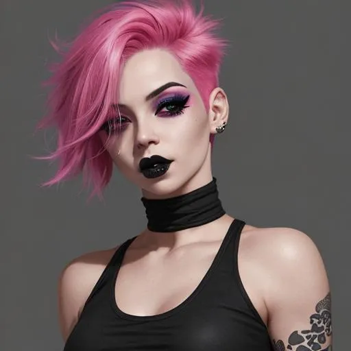 Prompt: Woman, short hot pink hair, hazel eyes, black lipstick, realistic, black crop top