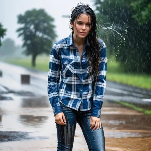 Prompt: photo of young woman, soaking wet clothes, black boots, tight long blue jeans, checkered shirt with long sleeves,  , standing in the rain with soaked hair,   enjoying, water dripping from clothes, clothes stuck to body,  detailed textures of the wet fabric, wet face, wet plastered hair,  wet, drenched, professional, high-quality details, full body view.