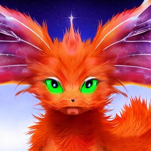 Prompt: Orange, red maned anime cute dragon with green eyes and red pupil with wings, horns in the shape of a V, feathery whiskers and a furry tail. Inside a faerie tale background. 