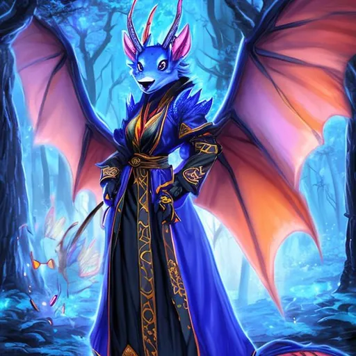 Prompt: black anthro female dragon mage dressed blue robe in magic forest with fireflys
