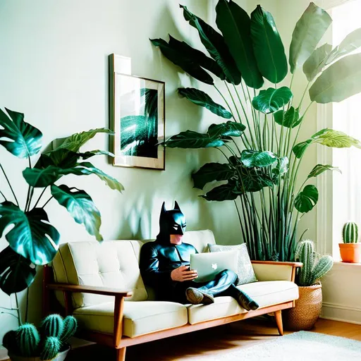 Prompt: Batman is relaxing in a room with various types of monstera plants, cacti, and Jazz Age and Art deco furnishings. Photorealistic.