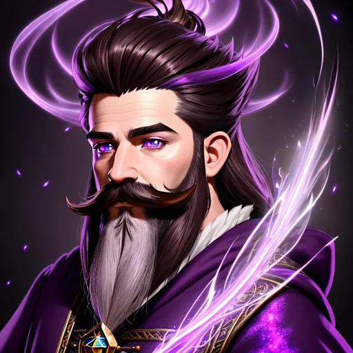 Prompt: concept portrait, cinematic shot,

mythical quirky fantasy gnome, pale skin, ultra detailed dark brown hair, tidy well-kept hair, no beard, very long handlebar mustache, thin soul-patch, Dungeons and dragons, bright eyes, short figure, a little squat, 

ultra detailed ornate purple fantasy wizard robes, ultra detailed purple glowing magical sparks flying, 

dark smokey fire background ruins like league of legends shadow isles,

2D illustration, 2D character design, 2D flat color, 2D digital illustration, 2D vector illustration, contrast,

((sunshine, very strong sunlight on face, cinematic lighting, volumetric lighting, iridescent lighting reflection, reflection, beautiful shading, head light, back light, natural light, ray tracing, symmetrical)), (((masterpiece, professional, professional illustration,))),

UDR, HDR, 64k, beautiful, stunning, masterpiece artwork, masterpiece illustration,