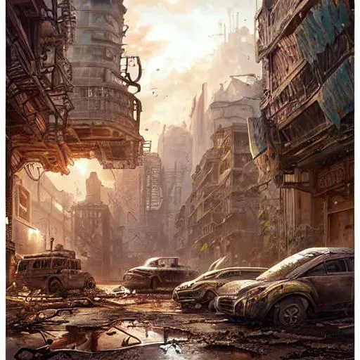 Prompt: hundred years deserted city, in the future, some animals, rusted vehicles, ghostly buildings, a lot of vegetation,  sharp focus, ultra-fine details, cinematic lighting, 4k | oil painting illustration, digital painting, scenic, wlop, artgerm, vastly ornate detailed background, vibrant colors, italian