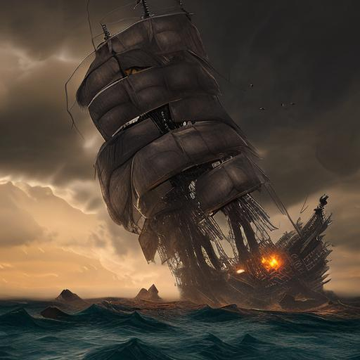 [ a gigantic pirate ship sinking into the sea. ] + [... | OpenArt