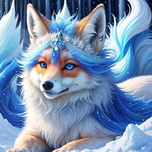 Prompt: (masterpiece, professional oil painting, epic digital art, best quality:1.5), insanely beautiful female ((fox)), (canine quadruped}, adolescent, ice elemental, deep blue pelt covered in frost, bashful hypnotic sapphire blue eyes, calm bashful smile, gorgeous silver mane covered in snowflakes, slightly plump, soft fine fur, finely detailed fur, hyper detailed fur, (soft silky insanely detailed fur), moonlight beaming through clouds, grassy field covered in frost, cool colors, professional, unreal engine, depth, volumetric lighting, rich oil medium, {auroras} fill the sky, {ice storm}, full body focus, beautifully detailed background, cinematic, 64K, UHD, intricate detail, high quality, high detail, masterpiece, intricate facial detail, high quality, detailed face, intricate quality, intricate eye detail, highly detailed, high resolution scan, intricate detailed, highly detailed face, very detailed, high resolution