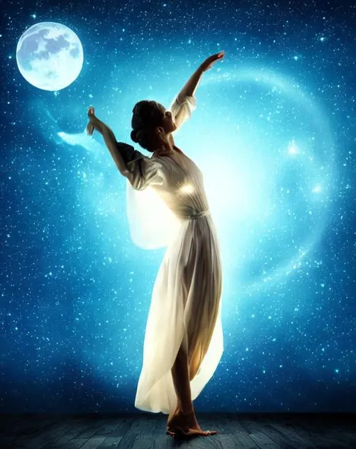 Prompt: Beautiful woman dancing in starlight and moon