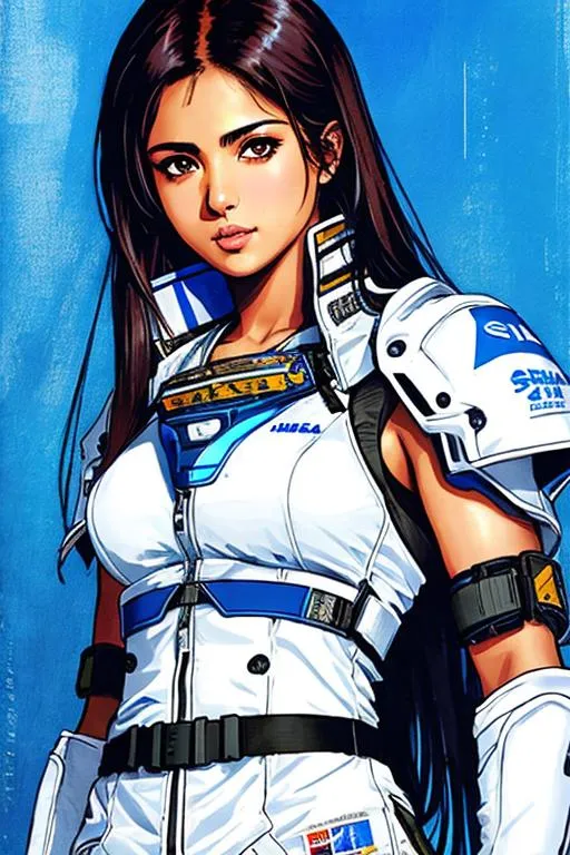 Prompt: 1man 1woman (((Yoji Shinkawa))), sticker of ultra detailed portrait of enrique iglesias in white clothing, Sadaf Mohammed Sayed  (Indian actress who mainly appears in Telugu, Tamil, and Kannada films)in dark blue holy armor, canon robotic hand, blue long hair, high quality cell shaded illustration in post apocalyptic style by Yoji Shinkawa, ((full body portrait)), dynamic pose, perfect anatomy, centered, freedom, soul, blue long hair, approach to perfection, cell shading, 4k , cinematic dramatic atmosphere, watercolor painting, global illumination, detailed and intricate environment, artstation, concept art, fluid and sharp focus, volumetric lighting, cinematic lighting, Art by Yoji Shinkawa,