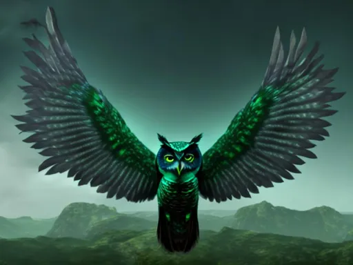 Prompt: Emerald green owl facing the viewer that looks like Wan Shi Tong with wings outspread