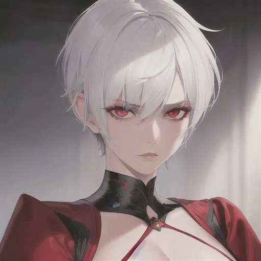 Prompt: "A close-up photo of a handsome girl with short pixie style hair, white hair, red eyes, wearing a kings robe, in hyperrealistic detail, with a slight hint of disgust in her eyes. His face is the center of attention, with a sense of allure and mystery that draws the viewer in, but her eyes are also slightly downcast, as if a sense of disgust is lingering in her thoughts. The detailing of his face is stunning, with every pore, freckle, and line rendered in vivid detail, but the image also captures the subtle emotions of disgust that might lie beneath her surface."