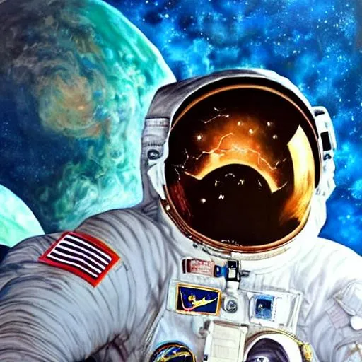 Prompt: UHD, , 8k, high quality, oil painting, hyper realism, Very detailed, zoomed out view of character, full body of character is seen, character portrait that is zoomed out, Astronaut in modern space suit on a space walk with earth in the background. Character should be centered in painting and in full view.