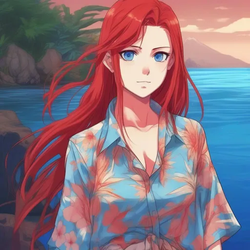 Prompt: Anime Style, young adult female, wearing open Hawaiian shirt, with long blood-red hair, blue eyes, with red water in the background.
