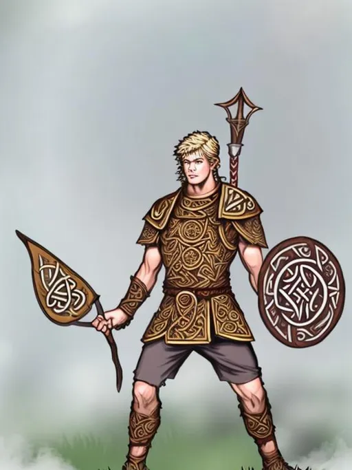 Prompt: Warrior lugh of the long hand, Celtic god. Forrest background. Celtic.