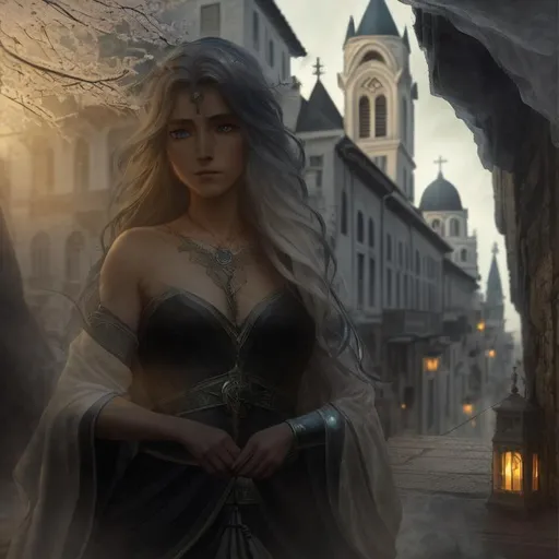 Prompt: Cinematic, Dark, Brooding, Ominous, 3D HD Heroic Faded-linen and silk (Beautiful detailed face{Goddess}female as Wizard), Morning, hyper realistic, 8K expansive Old Greek Town background --s99500