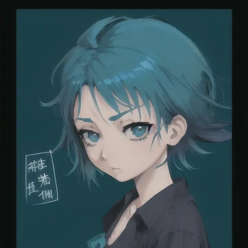 Prompt: recreate the picture a cartoon picture of a person with  on and a teal background with a dark bluegreen hair around it, Aya Goda, tachisme, anime visual, an anime drawing looking up in sideway. cool girl fierce thin sleepy eyes. her hair is wolfcut style