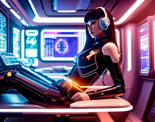 Prompt: a spaceship pilot in a latex suit with robotic arms and legs, laying down in a chair, in a cyberpunk setting, cyborg, implants, high details, realistic , professionally colour graded, photorealism, 8k, grim dark lighting, art by sakimichan