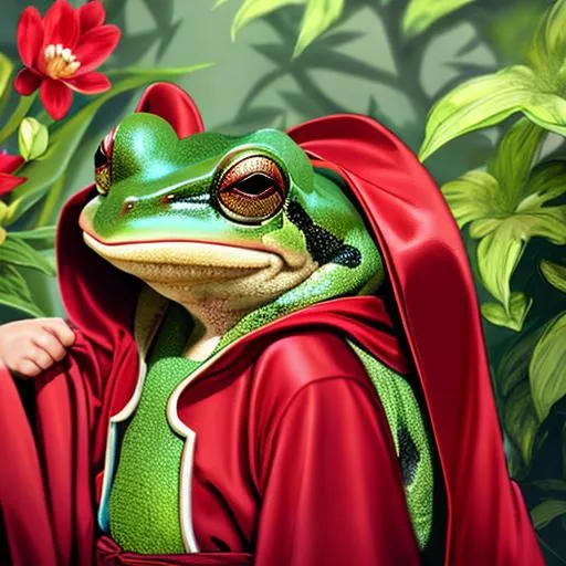 Prompt: frog prince in a red robe