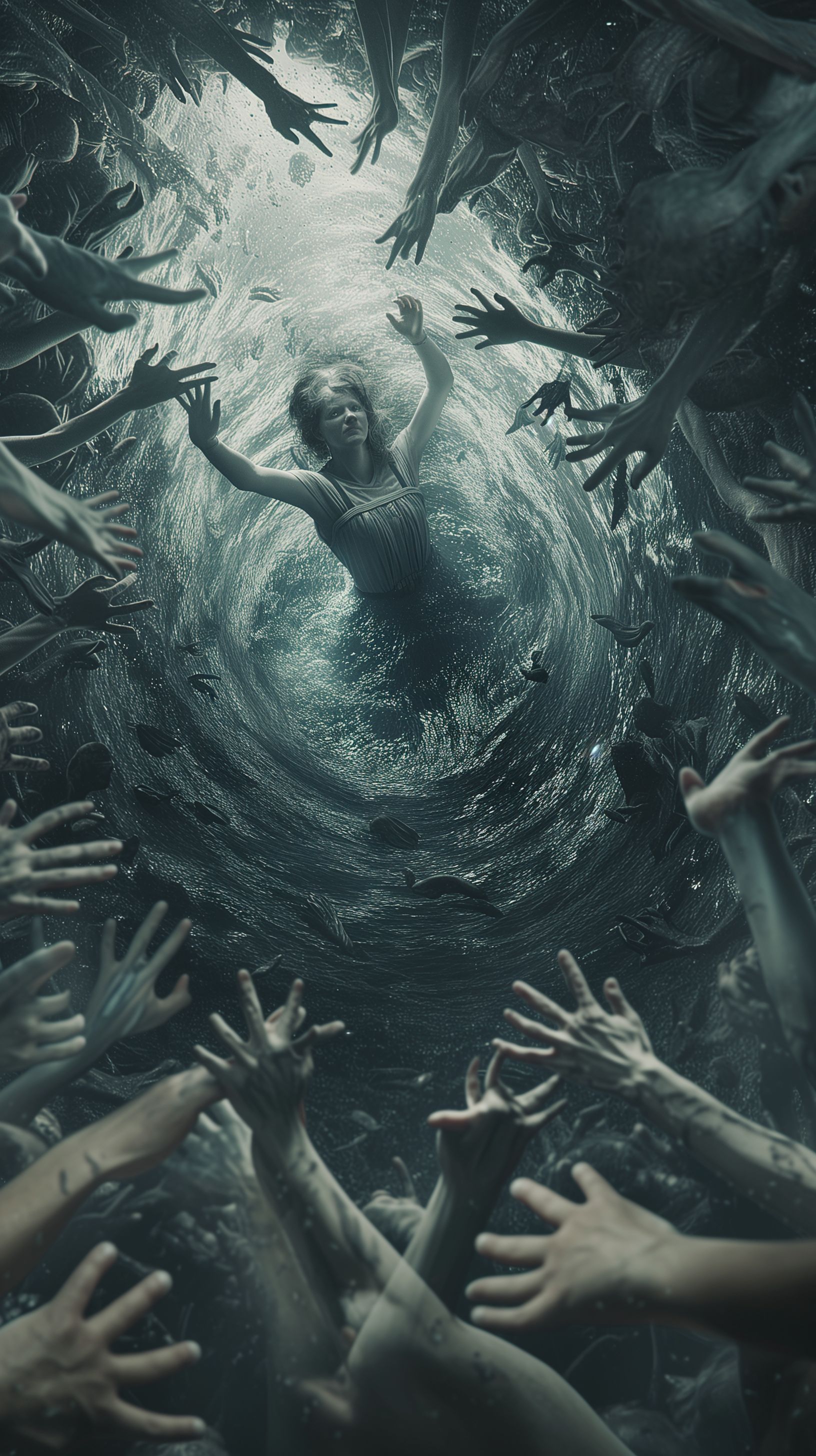 Prompt: Hundreds of human hands growing from the ground, interior alice falling down a well, terrifying, nitemare, trapped, fear --ar 9:16 --v 6.0